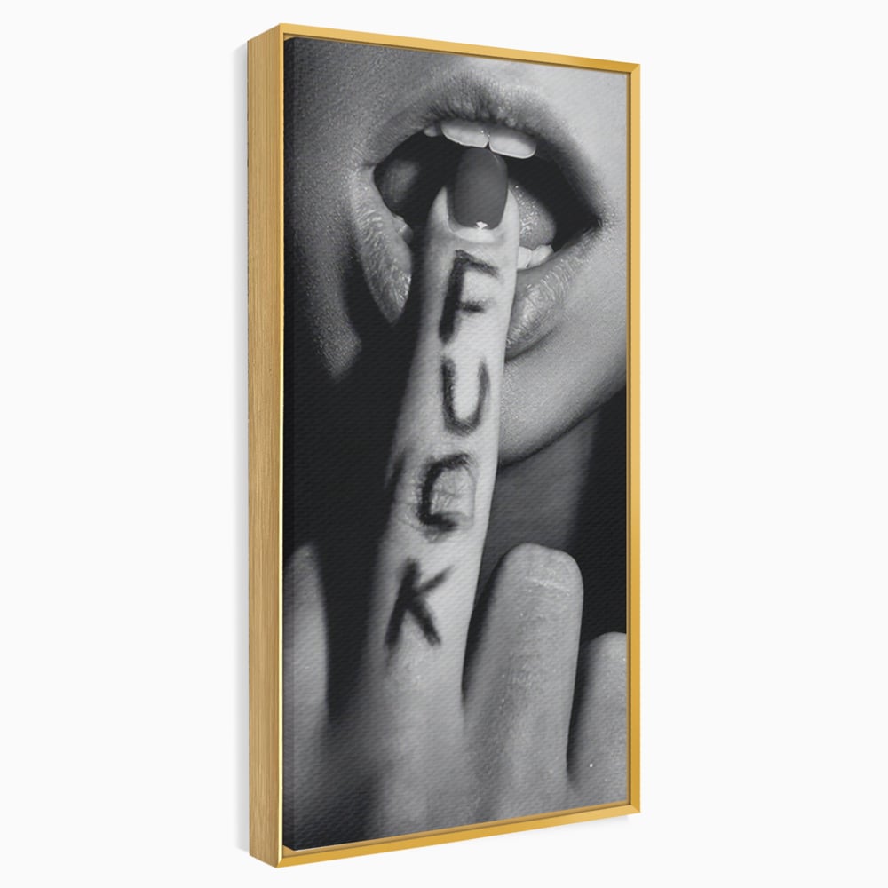 Tablou canvas cu tablou canvas cu buze si deget, in rama de aluminiu auriu